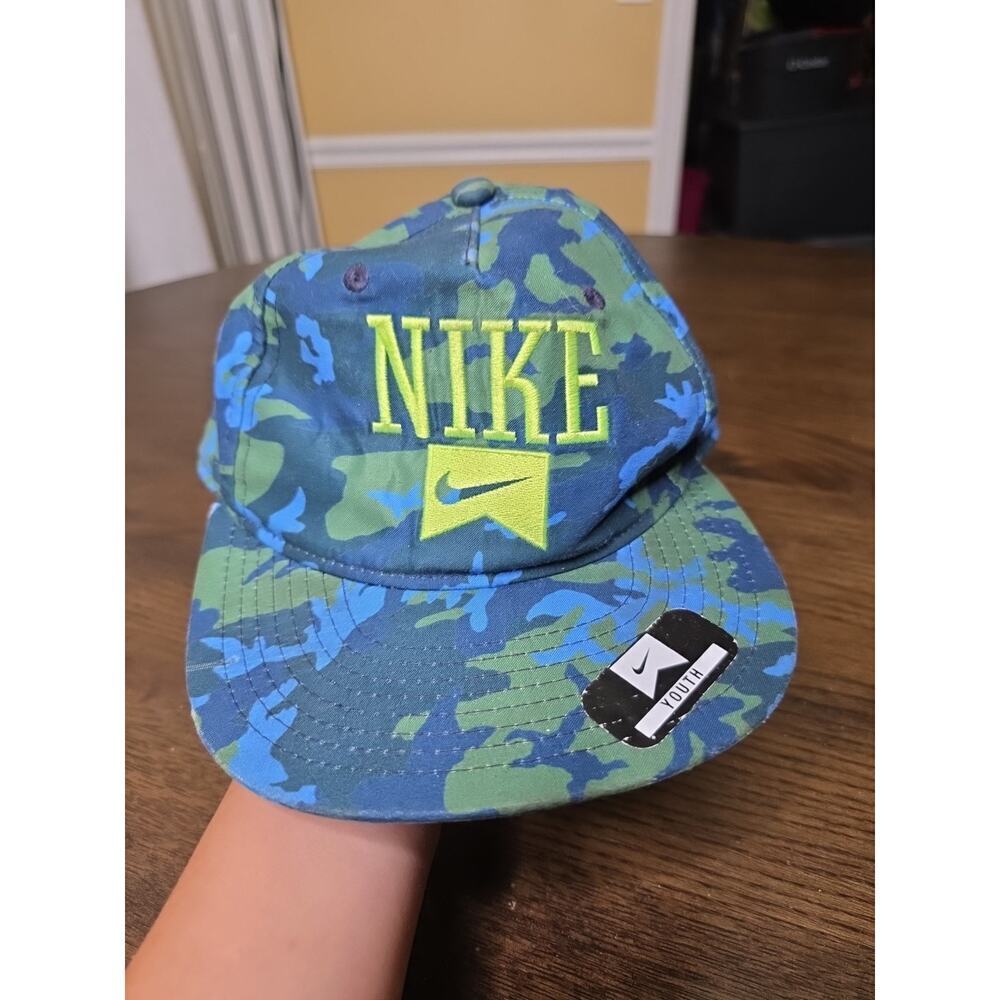 Vintage Nike Youth Embroidered Adjustable Navy Blue‎ Hat swoosh Spell out Camo